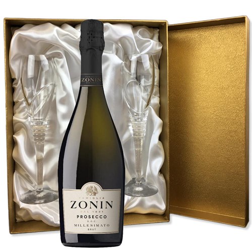 Zonin Prosecco Brut Millesimato DOC in Gold Luxury Presentation Set With Flutes